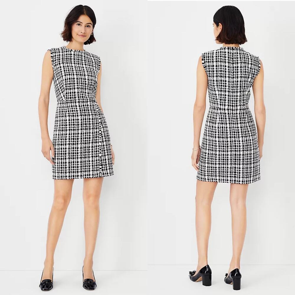 Ann Taylor Dress Womens 10 Black White Fringe Tweed Flare Plaid New Classic Work